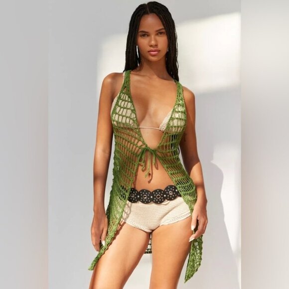 Urban Outfitters | Big Sur Sheer Crochet Flyaway Cover Up New Large Green Boho - Picture 1 of 9